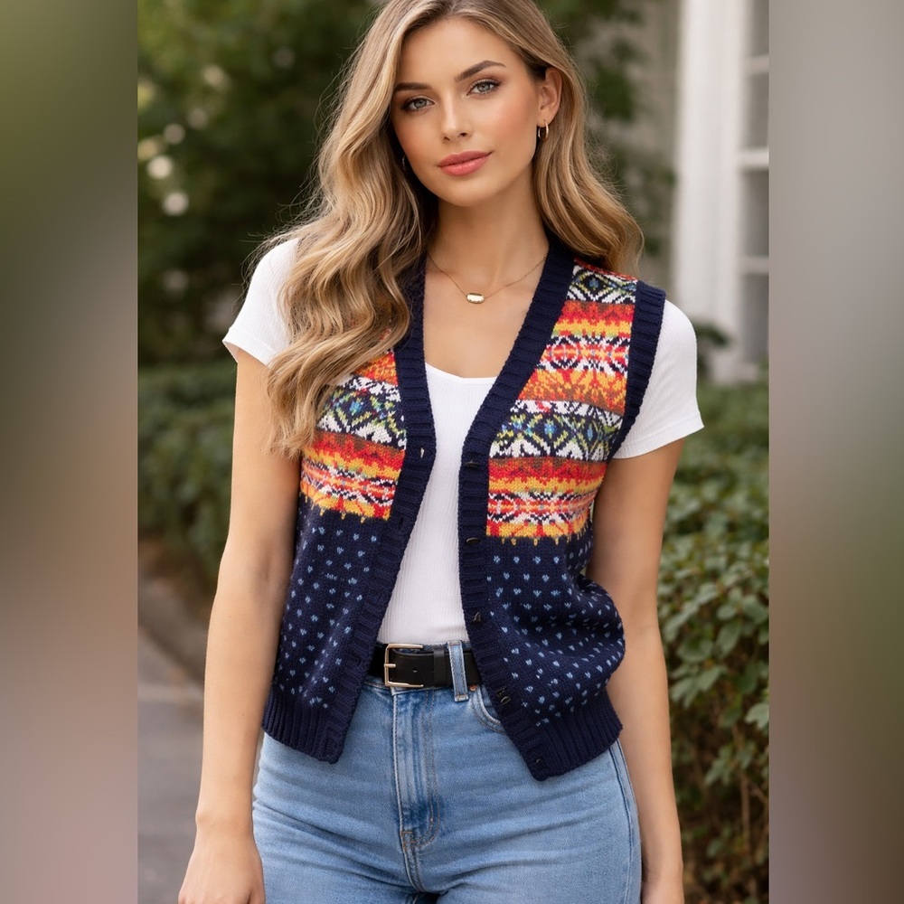 White Stag Navy and Multicolor Patterned Sweater Vest size Medium